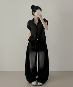 シャツ ロールアップシースルー半袖シャツ BLACK