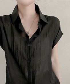 シャツ ロールアップシースルー半袖シャツ BLACK