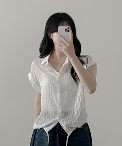 シャツ ロールアップシースルー半袖シャツ WHITE