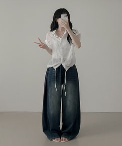 シャツ ロールアップシースルー半袖シャツ WHITE