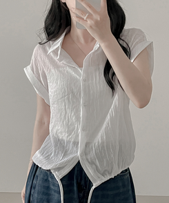 シャツ ロールアップシースルー半袖シャツ WHITE