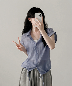 シャツ ロールアップシースルー半袖シャツ BLUE