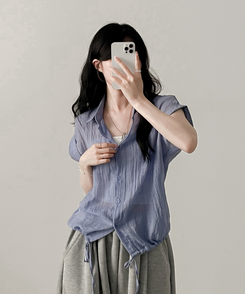 シャツ ロールアップシースルー半袖シャツ BLUE