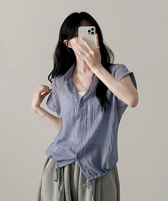 シャツ ロールアップシースルー半袖シャツ BLUE