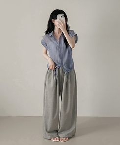 シャツ ロールアップシースルー半袖シャツ BLUE