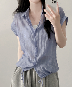 シャツ ロールアップシースルー半袖シャツ BLUE