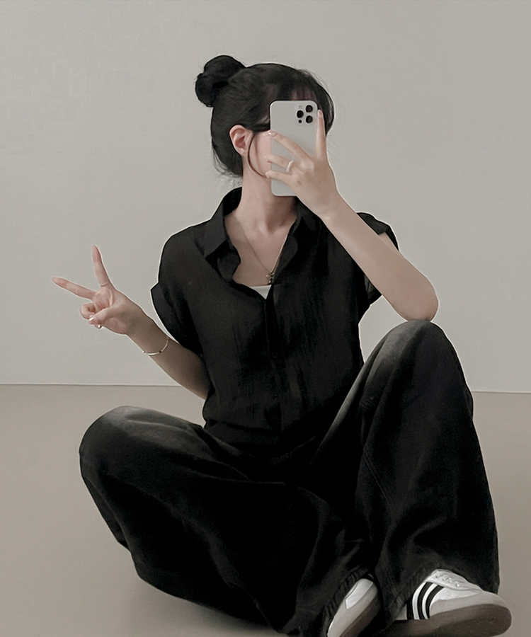 ロールアップシースルー半袖シャツ BLACK