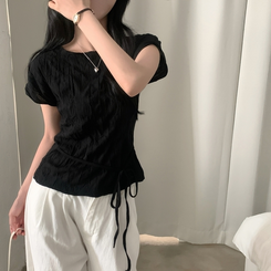ブラウス リンクルリボン半袖ブラウス BLACK