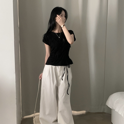 ブラウス リンクルリボン半袖ブラウス BLACK