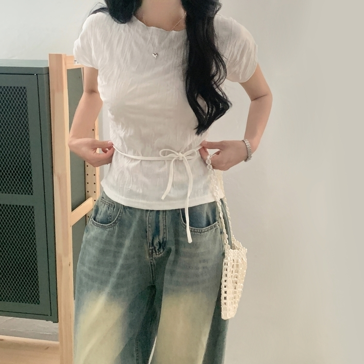 リンクルリボン半袖ブラウス IVORY