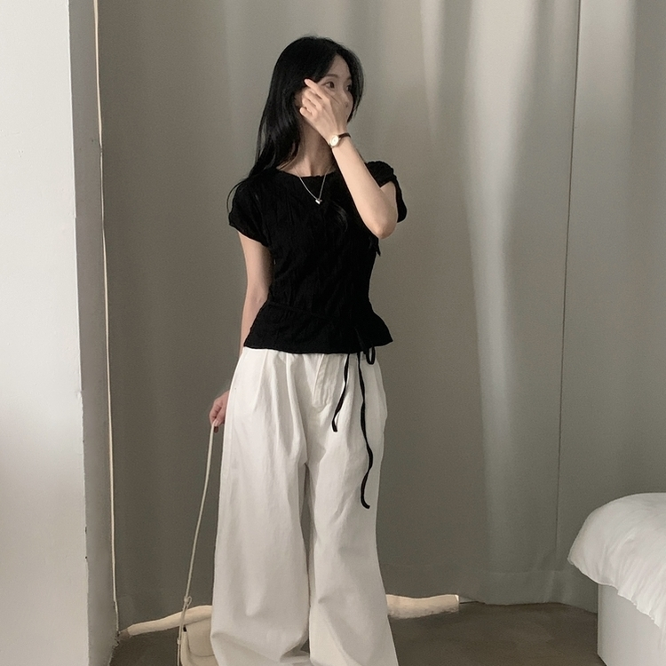 リンクルリボン半袖ブラウス BLACK