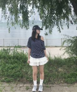 半袖Tシャツ ワンショルダーストライプ半袖Tシャツ NAVY