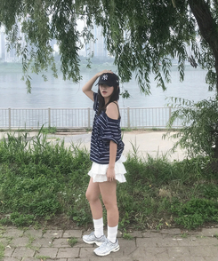 半袖Tシャツ ワンショルダーストライプ半袖Tシャツ NAVY