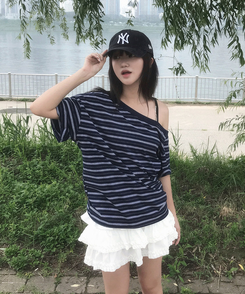 半袖Tシャツ ワンショルダーストライプ半袖Tシャツ NAVY