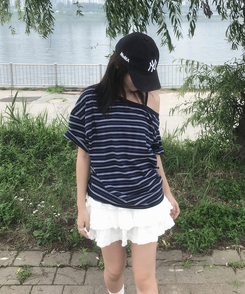 半袖Tシャツ ワンショルダーストライプ半袖Tシャツ NAVY