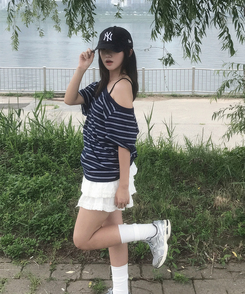 半袖Tシャツ ワンショルダーストライプ半袖Tシャツ NAVY