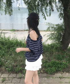 半袖Tシャツ ワンショルダーストライプ半袖Tシャツ NAVY