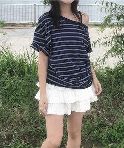 半袖Tシャツ ワンショルダーストライプ半袖Tシャツ NAVY