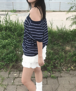 半袖Tシャツ ワンショルダーストライプ半袖Tシャツ NAVY