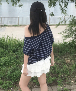 半袖Tシャツ ワンショルダーストライプ半袖Tシャツ NAVY