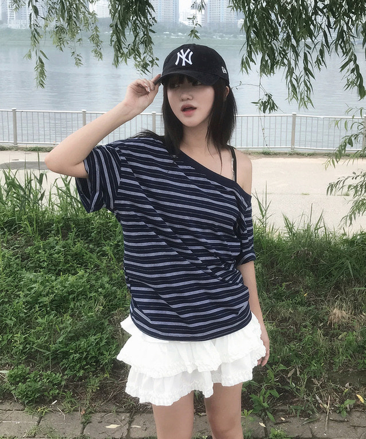 ワンショルダーストライプ半袖Tシャツ NAVY