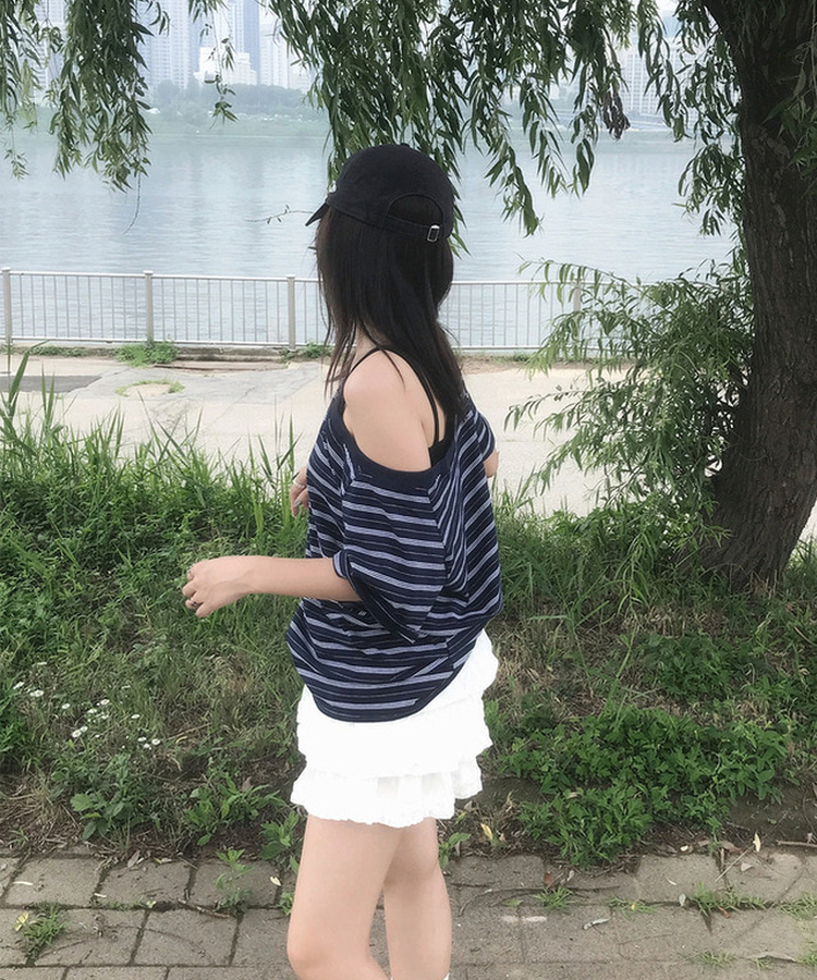 ワンショルダーストライプ半袖Tシャツ NAVY