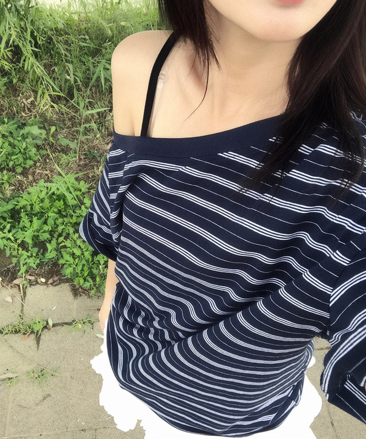 半袖Tシャツ ワンショルダーストライプ半袖Tシャツ NAVY