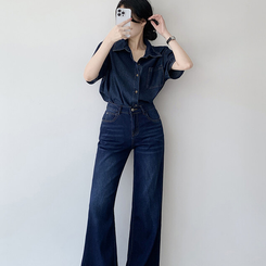 丈別パンツ 【丈別】フレアブーツカットワイドデニムパンツ DEEP DENIM
