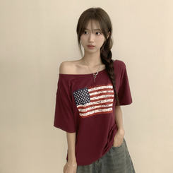 半袖Tシャツ アメリカンオフショルダー半袖Tシャツ RED