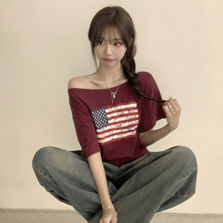 半袖Tシャツ アメリカンオフショルダー半袖Tシャツ RED