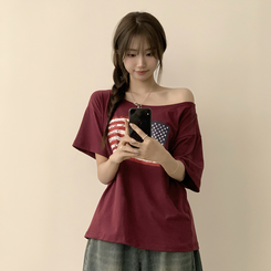 半袖Tシャツ アメリカンオフショルダー半袖Tシャツ RED
