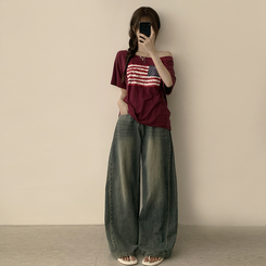 半袖Tシャツ アメリカンオフショルダー半袖Tシャツ RED