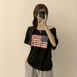 半袖Tシャツ アメリカンオフショルダー半袖Tシャツ BLACK