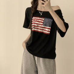 半袖Tシャツ アメリカンオフショルダー半袖Tシャツ BLACK