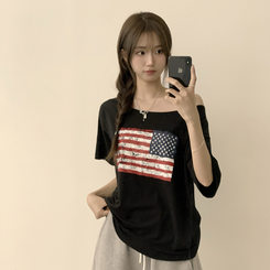 半袖Tシャツ アメリカンオフショルダー半袖Tシャツ BLACK
