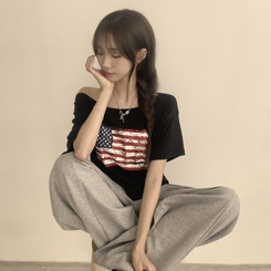 半袖Tシャツ アメリカンオフショルダー半袖Tシャツ BLACK