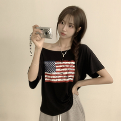 半袖Tシャツ アメリカンオフショルダー半袖Tシャツ BLACK