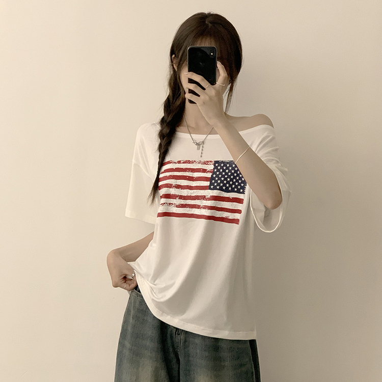 アメリカンオフショルダー半袖Tシャツ IVORY