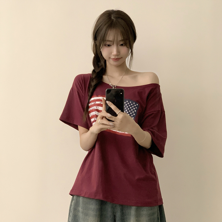 アメリカンオフショルダー半袖Tシャツ RED