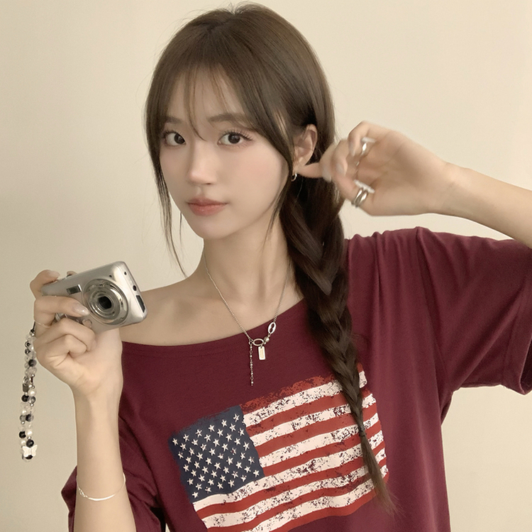 アメリカンオフショルダー半袖Tシャツ RED
