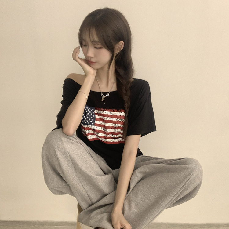 アメリカンオフショルダー半袖Tシャツ BLACK