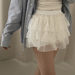 ミニスカート バンディングシースルーフリルミニスカート WHITE
