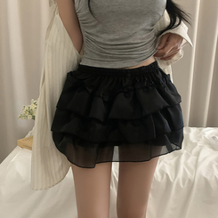 ミニスカート バンディングシースルーフリルミニスカート BLACK