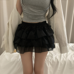 ミニスカート バンディングシースルーフリルミニスカート BLACK