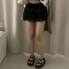 ミニスカート バンディングシースルーフリルミニスカート BLACK
