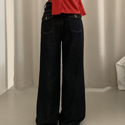 ワイド 【丈別】ポケットワイドストレートデニムパンツ BLACK DENIM