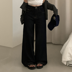 ワイド 【丈別】ポケットワイドストレートデニムパンツ BLACK DENIM