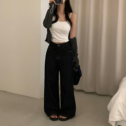 ワイド 【丈別】ポケットワイドストレートデニムパンツ BLACK DENIM