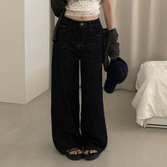 ワイド 【丈別】ポケットワイドストレートデニムパンツ BLACK DENIM