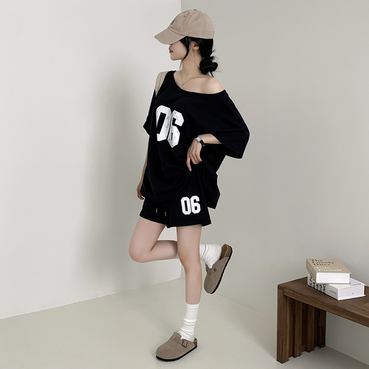 【SET】アンバランス半袖Tシャツ ショートパンツ NAVY
